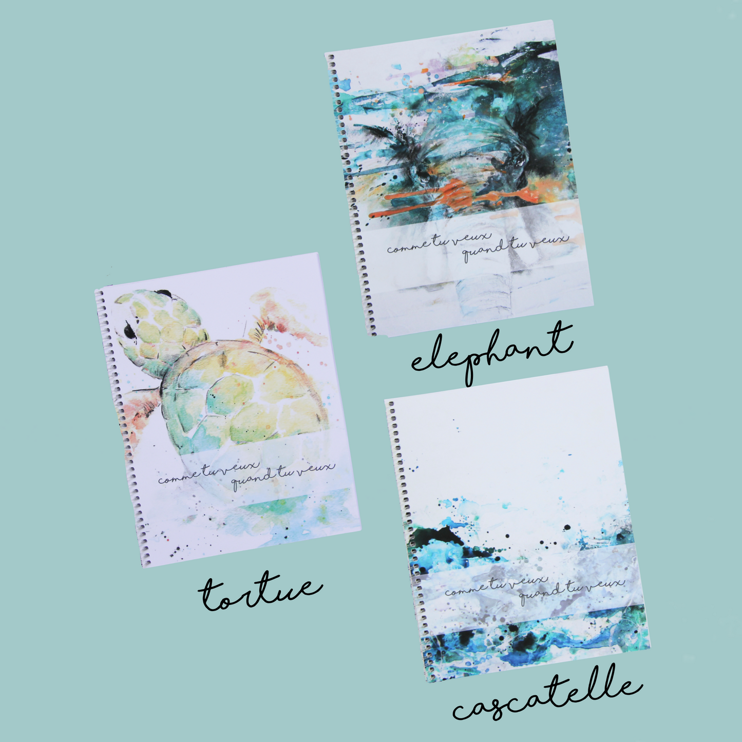 Couvertures des agendas Tortue, Elephant et Cascatelle